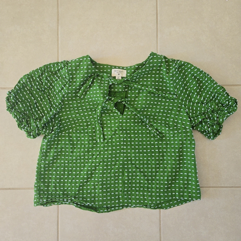Kate Spade Sz M Womens Short Puff Sleeve Bow Keyhole Tie Top Green Cotton
